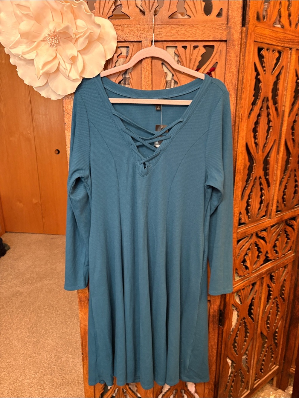 Teal Lace-Up V-Neck Long Sleeve Swing Dress